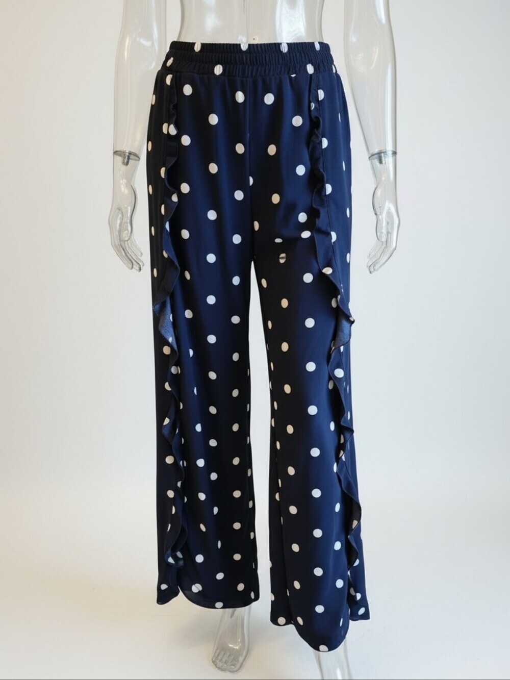 NWT! NY&CO Polka Dot Ruffle Wide-Leg Pants - Navy & White